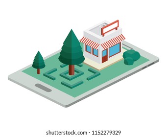 building and trees isometric scene on smartphone