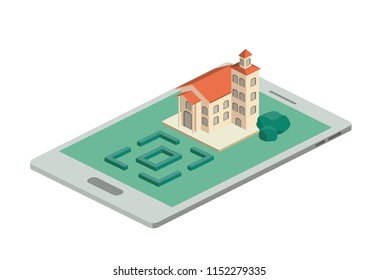 building and trees isometric scene on smartphone