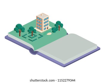 building and trees isometric scene on book