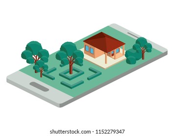 building and trees isometric scene on smartphone