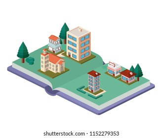 building and trees isometric scene on book