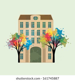 Building and trees with paint drops