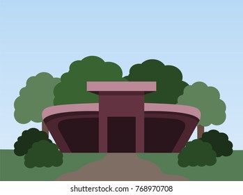 a building with trees and a road. vector