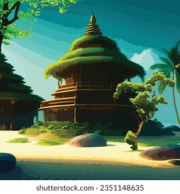 Edificio con árboles y rocas en la playa creado por el vector Illustrator