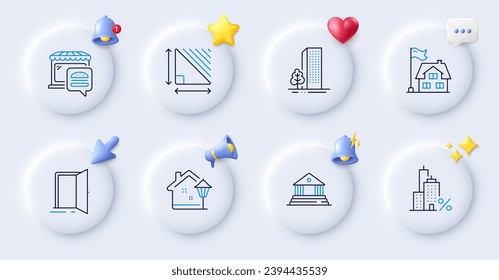 Building, Triangle area and Street light line icons. Buttons with 3d bell, chat speech, cursor. Pack of Court building, Open door, Buildings icon. Mortgage, Food market pictogram. Vector