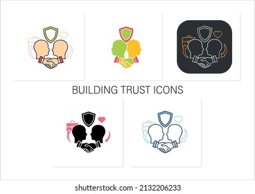 Building trust icons set. Trusting relationships. Friendly atmosphere. Successfully handles, resolves issues.Collection of icons in linear, filled, color styles.Isolated vector illustrations