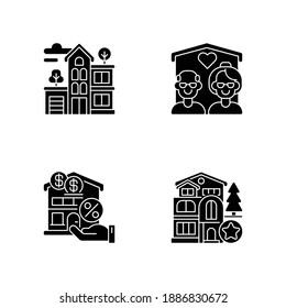 Baut Typen schwarze Glyphe Symbole auf weißem Raum gesetzt. Wohneigentum. Neues Haus. Heim für Senioren. Hypothek zu kaufen zu Hause. Silhouettensymbole. Vektorgrafik einzeln