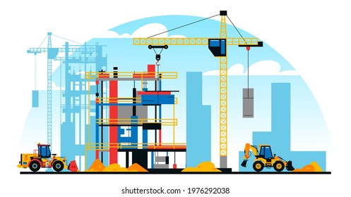 A building under construction against the background of a city under construction. A site with heavy commercial vehicles. Crane, sand. Vector illustration.