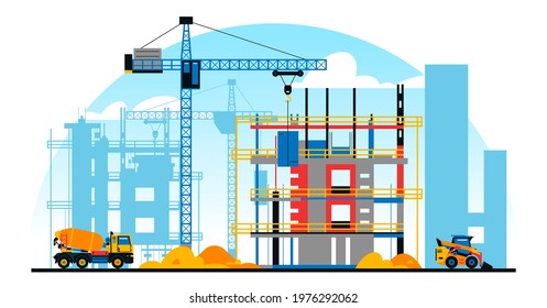A building under construction against the background of a city under construction. A site with heavy commercial vehicles. Crane, sand. Vector illustration.