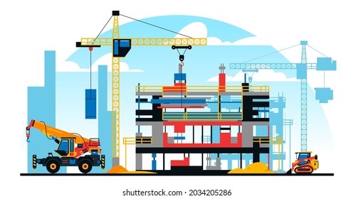 A building under construction against the background of a city under construction. A site with heavy commercial vehicles. Crane, sand. Vector illustration.