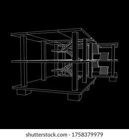 Edificio en construcción. Construir la construcción de la casa en proceso. Ilustración vectorial de malla baja de malla de alambre