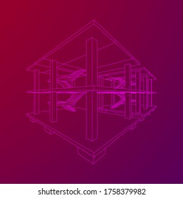Edificio en construcción. Construir la construcción de la casa en proceso. Ilustración vectorial de malla baja de malla de alambre