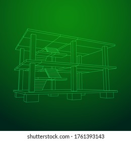 Edificio en construcción. Construir la construcción de la casa en proceso. Ilustración vectorial de malla baja de malla de alambre