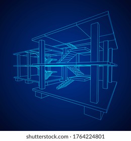 Bau im Bau. Bauen Sie ein Haus in Bearbeitung. Wireframe Low-Poly-Mesh, Vektorgrafik