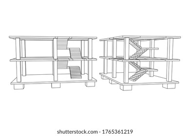 Edificio en construcción. Construir la construcción de la casa en proceso. Ilustración vectorial de malla baja de malla de alambre