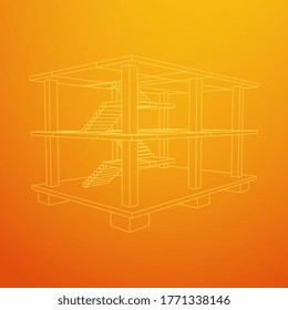 Edificio en construcción. Construir la construcción de la casa en proceso. Ilustración vectorial de malla baja de malla de alambre
