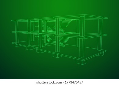 Edificio en construcción. Construir la construcción de la casa en proceso. Ilustración vectorial de malla baja de malla de alambre
