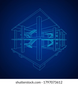 Edificio en construcción. Construir la construcción de la casa en proceso. Ilustración vectorial de malla baja de malla de alambre
