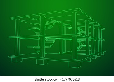 Edificio en construcción. Construir la construcción de la casa en proceso. Ilustración vectorial de malla baja de malla de alambre