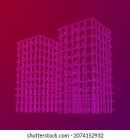 Edificio en construcción. Construir la construcción de la casa en proceso. Ilustración vectorial de malla baja de malla de alambre