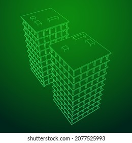 Edificio en construcción. Construir la construcción de la casa en proceso. Ilustración vectorial de malla baja de malla de alambre