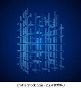 Edificio en construcción. Construir la construcción de la casa en proceso. Ilustración vectorial de malla baja de malla de alambre