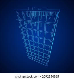 Edificio en construcción. Construir la construcción de la casa en proceso. Ilustración vectorial de malla baja de malla de alambre