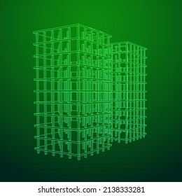 Edificio en construcción. Construir la construcción de la casa en proceso. Ilustración vectorial de malla baja de malla de alambre