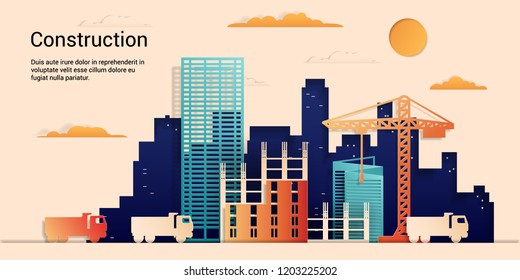 Building under construction colorful paper cut style, vector stock illustration.  Skyline city composition for design, building a house.