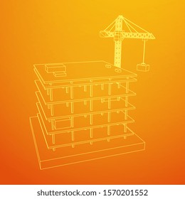Building under construction with crane. Build house construct in process. Wireframe low poly mesh vector illustration