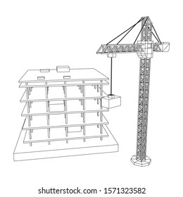 Building under construction with crane. Build house construct in process. Wireframe low poly mesh vector illustration