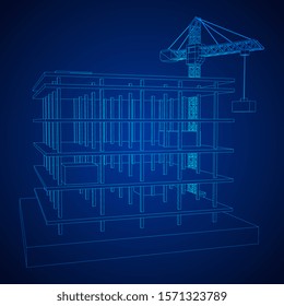 Building under construction with crane. Build house construct in process. Wireframe low poly mesh vector illustration
