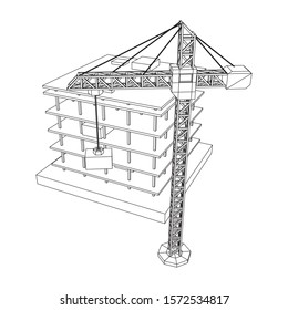 Building under construction with crane. Build house construct in process. Wireframe low poly mesh vector illustration