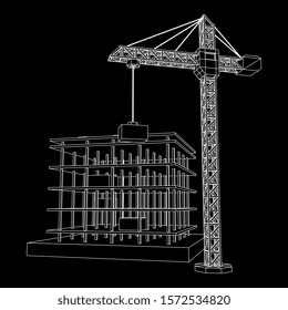 Building under construction with crane. Build house construct in process. Wireframe low poly mesh vector illustration