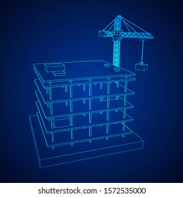 Building under construction with crane. Build house construct in process. Wireframe low poly mesh vector illustration