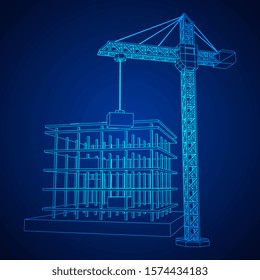 Building under construction with crane. Build house construct in process. Wireframe low poly mesh vector illustration
