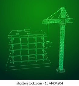 Building under construction with crane. Build house construct in process. Wireframe low poly mesh vector illustration