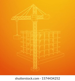 Building under construction with crane. Build house construct in process. Wireframe low poly mesh vector illustration