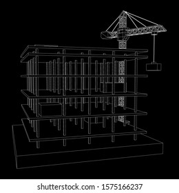 Building under construction with crane. Build house construct in process. Wireframe low poly mesh vector illustration
