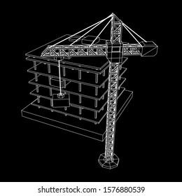 Building under construction with crane. Build house construct in process. Wireframe low poly mesh vector illustration