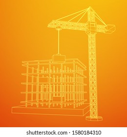 Building under construction with crane. Build house construct in process. Wireframe low poly mesh vector illustration