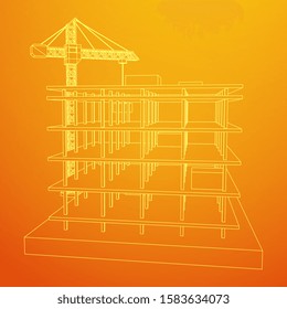 Building under construction with crane. Build house construct in process. Wireframe low poly mesh vector illustration