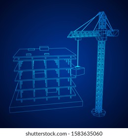 Building under construction with crane. Build house construct in process. Wireframe low poly mesh vector illustration
