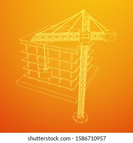 Building under construction with crane. Build house construct in process. Wireframe low poly mesh vector illustration