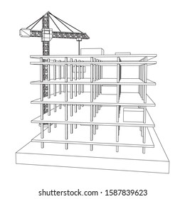 Building under construction with crane. Build house construct in process. Wireframe low poly mesh vector illustration