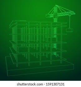 Building under construction with crane. Build house construct in process. Wireframe low poly mesh vector illustration