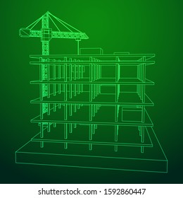 Building Under Construction With Crane. Build House Construct In Process. Wireframe Low Poly Mesh Vector Illustration