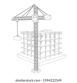 Building under construction with crane. Build house construct in process. Wireframe low poly mesh vector illustration