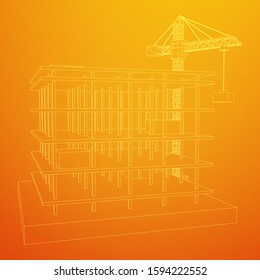 Building under construction with crane. Build house construct in process. Wireframe low poly mesh vector illustration