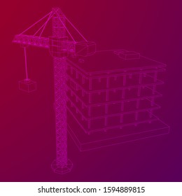 Building under construction with crane. Build house construct in process. Wireframe low poly mesh vector illustration